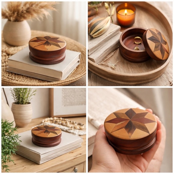 Other - Decorative Inlay Wooden Trinket Box | Vintage Star Inlay Round   Keepsake Box